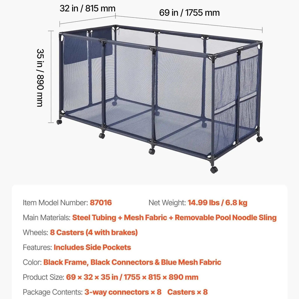 VEVOR Heavy-Duty Plastic Rolling Pool Storage Bin, 48.8 x 32.7 x 32.7 in Durable Metal Frame Organizer with Rolling Casters, Side Pockets, Breathable and Quick-Drying Mesh Basket for Pool Toys (Rectangular)