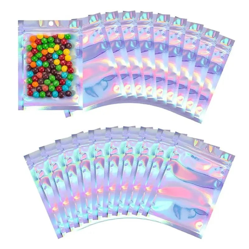 50pcs Laser Film Holographic Jewelry Packaging Bags with Hanging Hole, Half-Transparent Self-Sealing Bags, Clear Storage Bags, Phone Case Storage Bags, Colorful Plastic DIY Organizer, Plastic Organizer Pouches