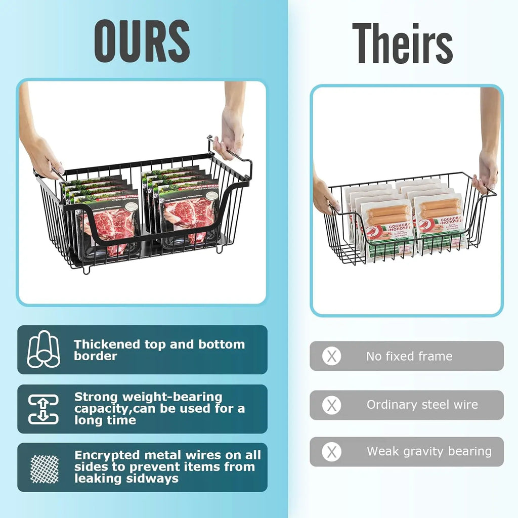 Black 4-Pcs Stackable Stainless Steel Hollow Wire Storage Bins Set - Metal Kitchen Bathroom Basket with Rotating Handle, Pet Supplies Organizer, Countertop Produce Holder