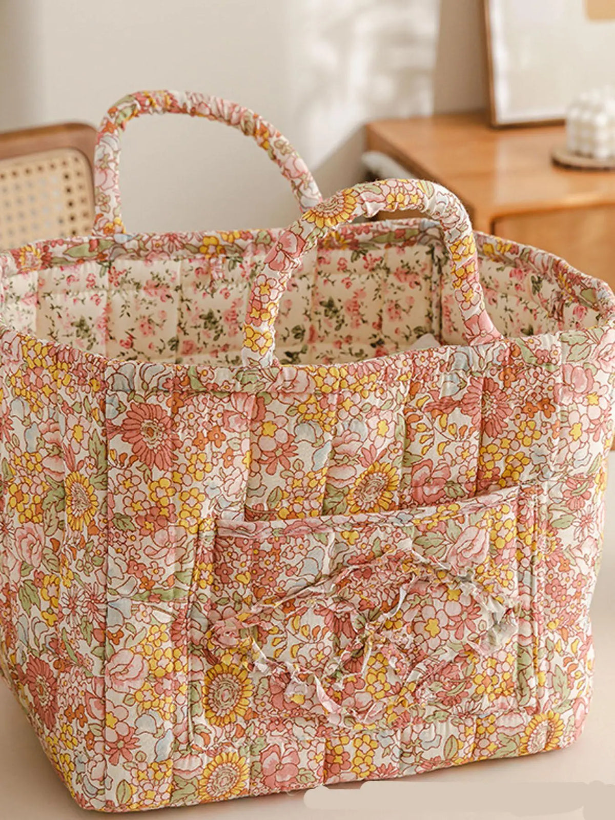 Floral Pattern Flower Fabric Storage Tote Basket, Portable Underwear Organizer, Organizing Baskets, Home Organization for Kitchen Bathroom Bedroom Living Room Office, Decorative Storage Basket