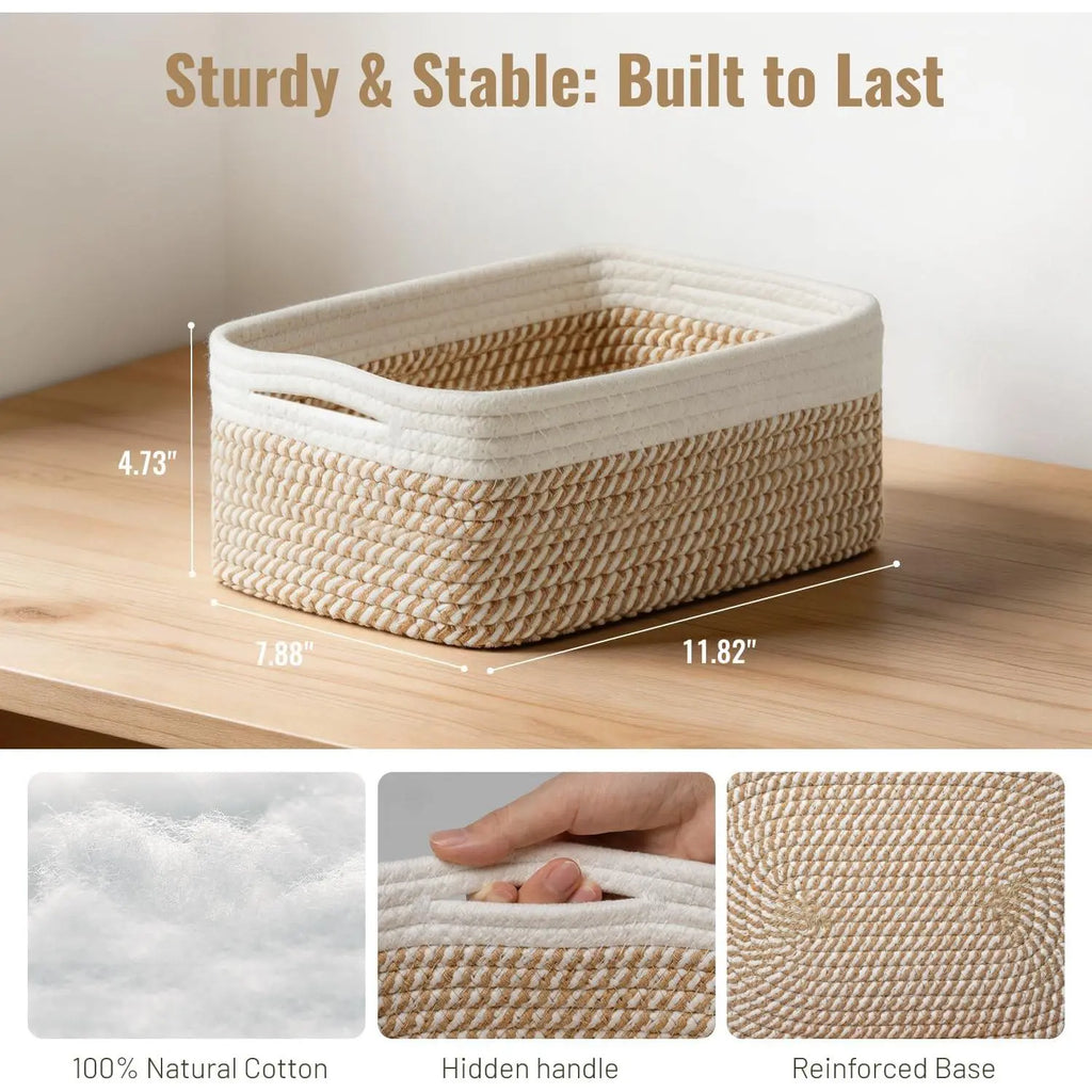 Khaki/White 5-Pack Small Rectangular Woven Cotton Rope Storage Bins (11.8"x7.9"x4.7") - Modern Farmhouse Organiser for Pet Supplies, Kitchen, Bathroom, Office, Nursery Changing Table - Ideal Baby Shower Gift