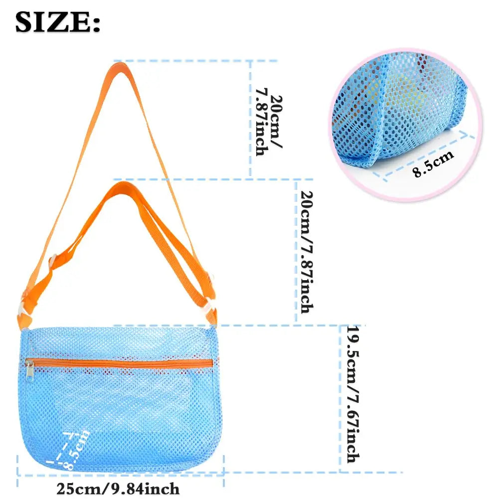 3-Pcs Unisex PVC Mesh Net Beach Bags - Adjustable Straps, 15.75 Inches, Zippered Shell Pouch, Sand Toy Organizer, Summer Beach Activities Essentials