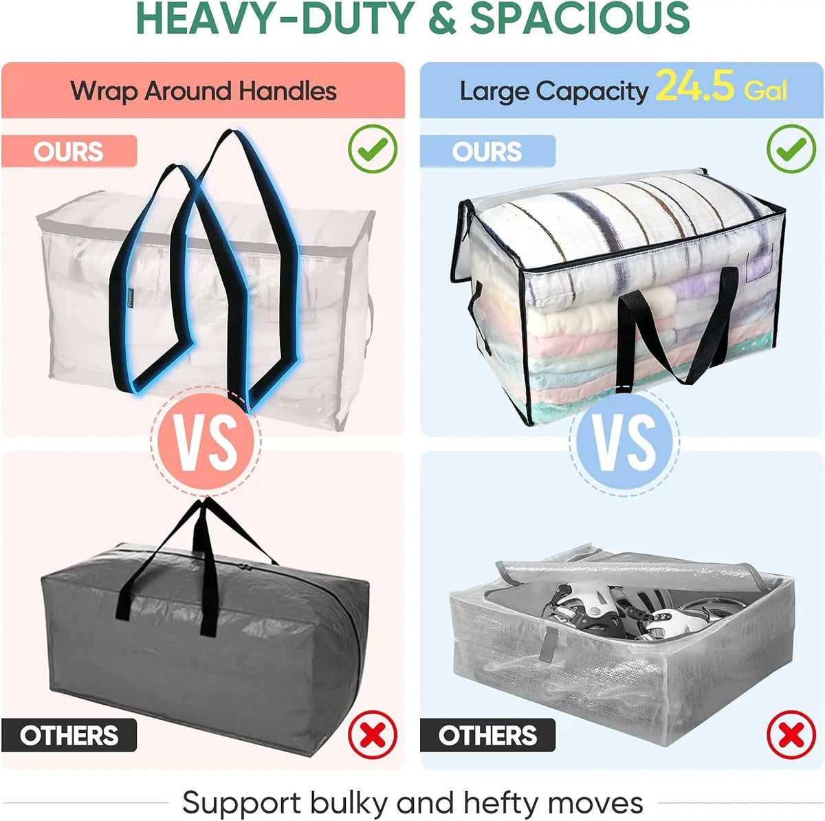 6-Pack Oversized Moving Bags with Reinforced Handles, Heavy-Duty Storage Tote for Clothes, Moving Supplies (Clear, 6-Pack),sohochic