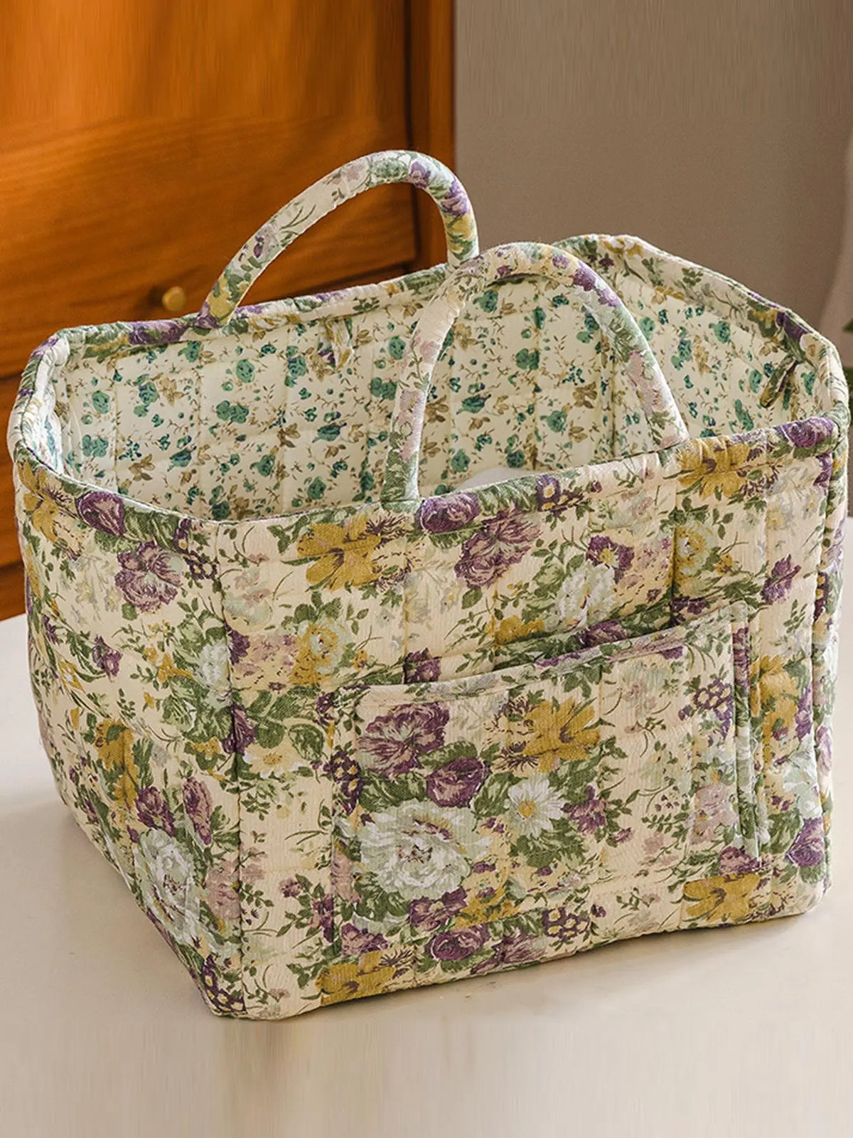 Floral Pattern Flower Fabric Storage Tote Basket, Portable Underwear Organizer, Organizing Baskets, Home Organization for Kitchen Bathroom Bedroom Living Room Office, Decorative Storage Basket