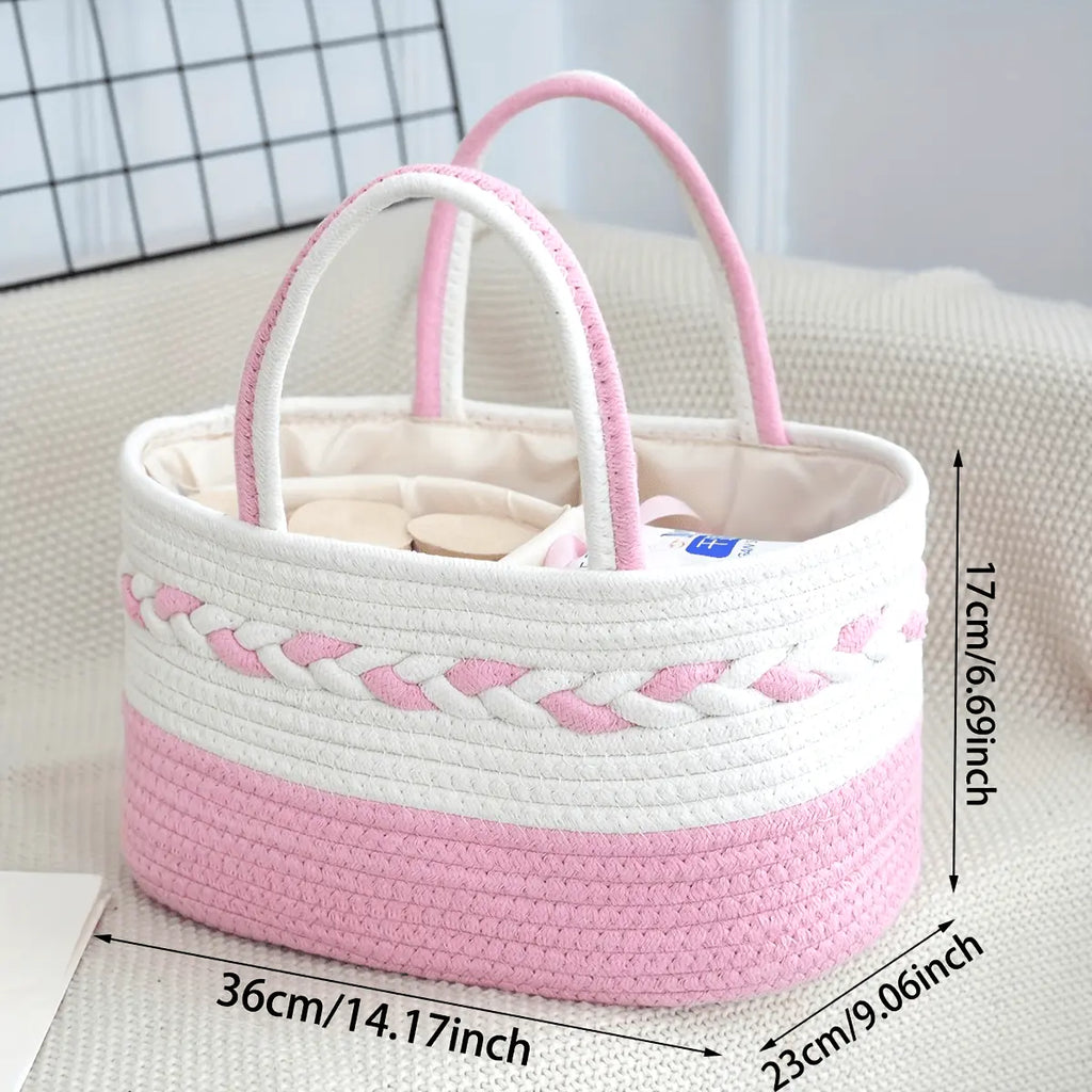 Bohemian Vibe Rope Weave Large Capacity Foldable Home Storage Bag with Woven Handle, Removable Lining, Stripe Design (Cyan, White, Pink, Beige) - Shelf Basket