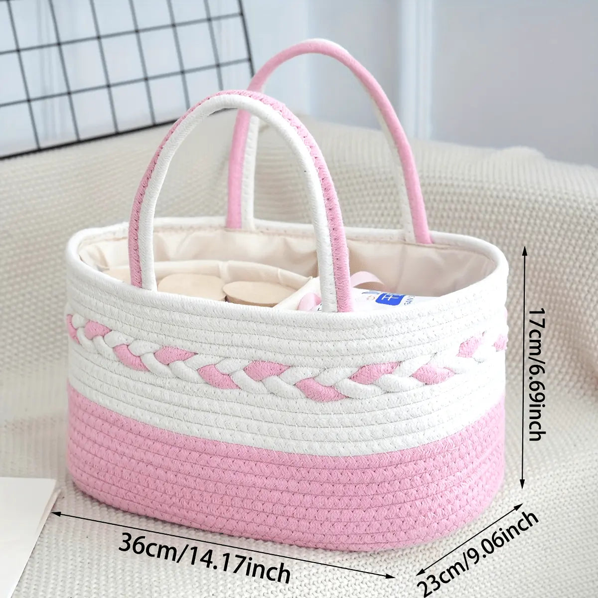 Bohemian Vibe Rope Weave Large Capacity Foldable Home Storage Bag with Woven Handle, Removable Lining, Stripe Design (Cyan, White, Pink, Beige) - Shelf Basket