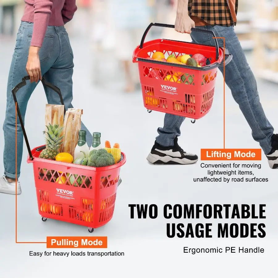 VEVOR 6PCS 39L Plastic Rolling Shopping Baskets with Handles & Wheels, Large Portable Set for Supermarkets, Grocery Shopping, With Wheel