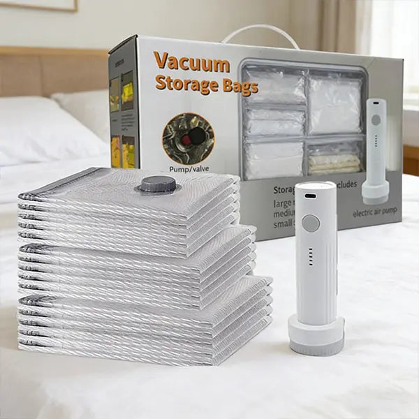 【2026 Upgraded】X7 Cordless Travel Vacuum Storage Compression Bag Set with Rechargeable air Pump 9/15 Pack Waterproof & Reusable Compression Packing Bags for 2 Size,140L/Min Powerful Air Removal，Perfect for Carry-On Suitcases,