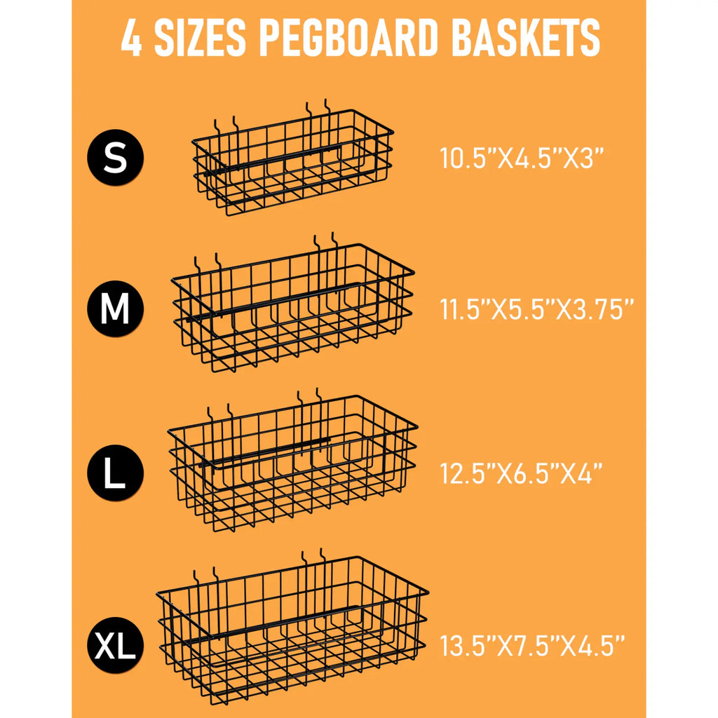 INCLY 4 Pack Pegboard Baskets Bins Set, 4 Size Square Style Black Metal Wire Basket for Any Peg Board Organizing Tools, Pegboard Accessories for Workbench Garage Wall Storage Attachments