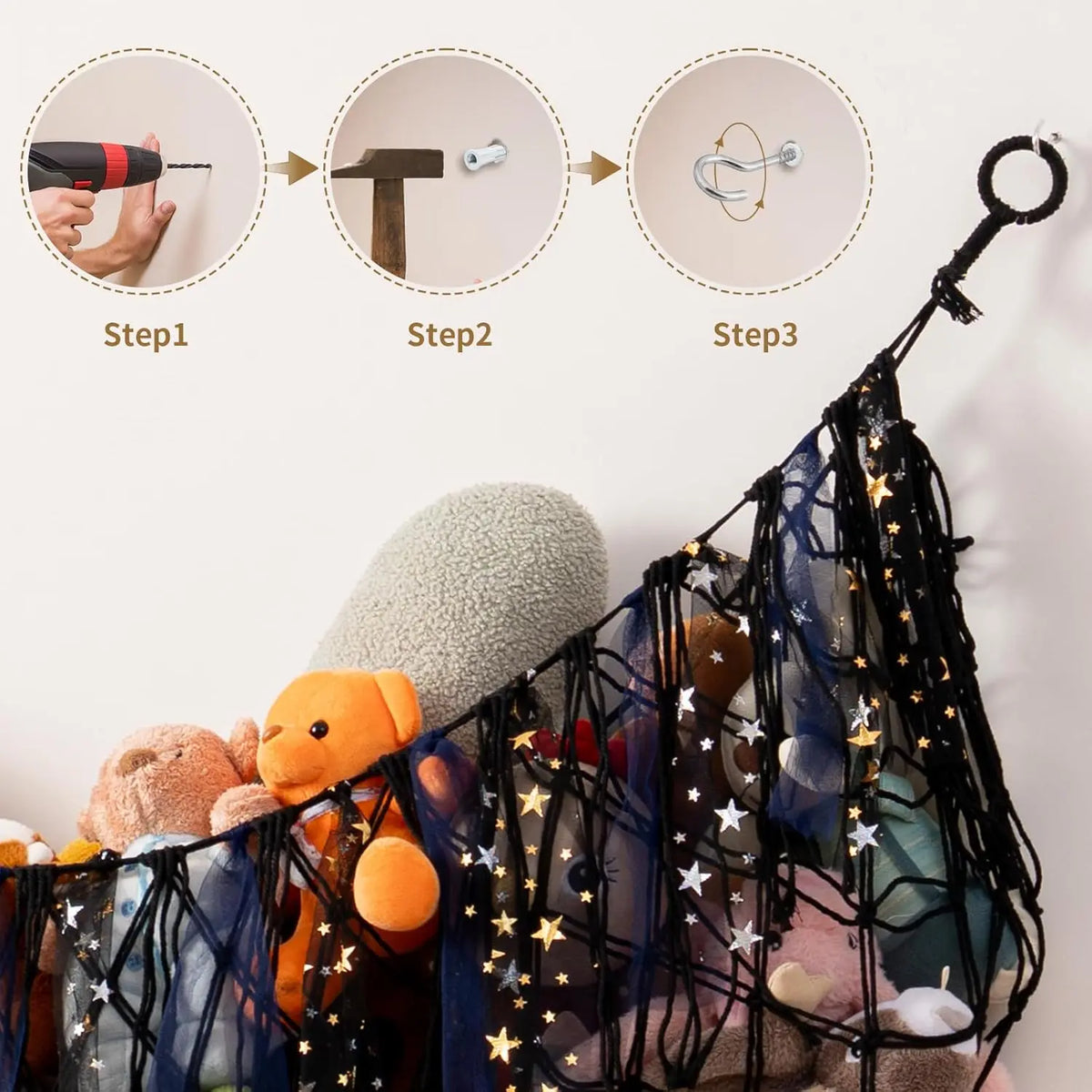 Large Stuffed  Hammock, 59'' L Wall  Net for Stuffed  Storage, Boho Macrame  Net Hammock for  Girls Bedroom Playroom  Decor Plushie Teddy  Storage - Black