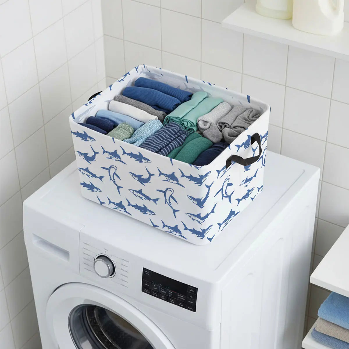 Foldable Rectangular Blue Fish Basket Storage Bin - Laundry Organizer Shelf for Room Decor, Indoors, Teacher Gift