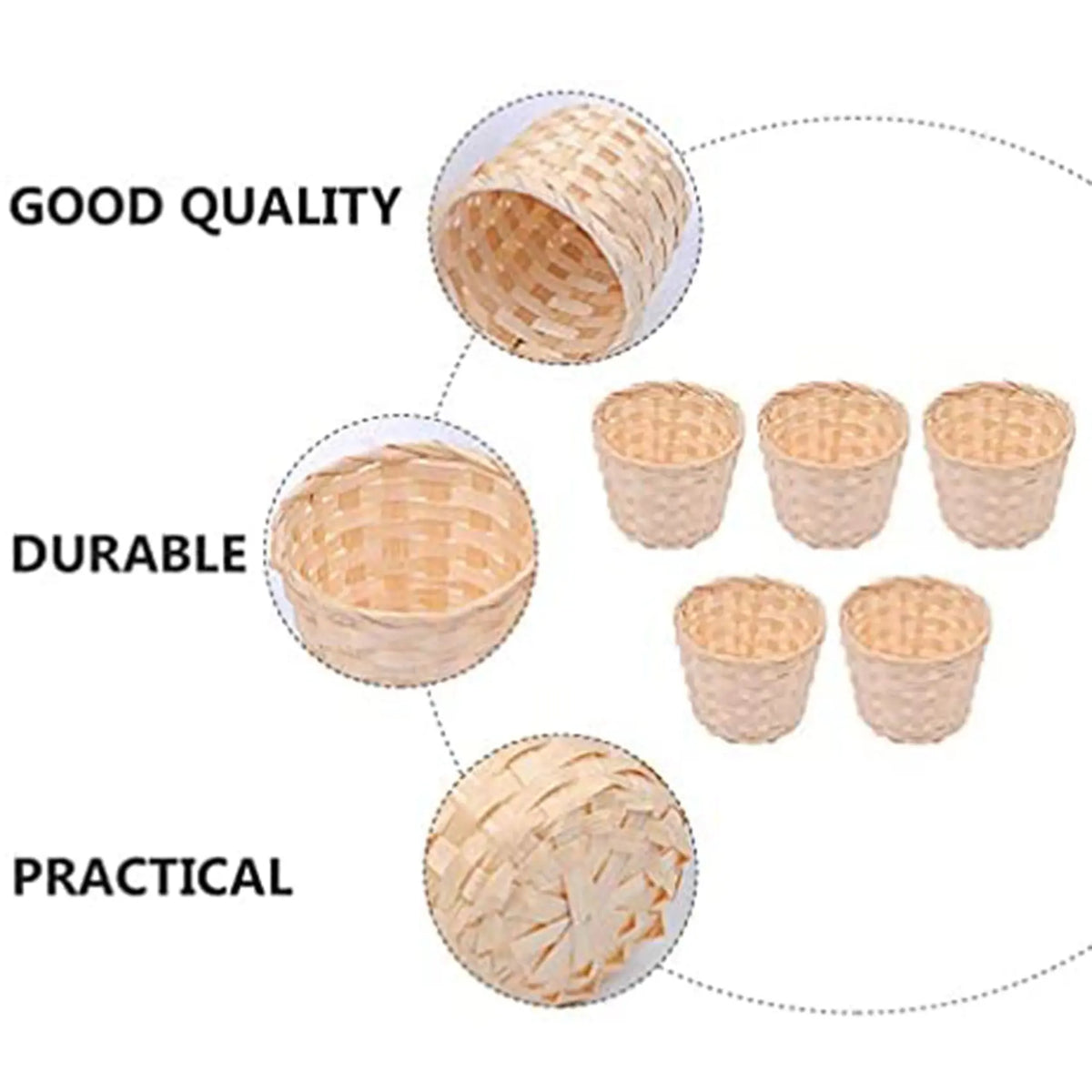 5PCS Bamboo Woven Mini Baskets - Handleless, Durable, Decorative Organisers with Natural Look for Kitchen Food Storage, Party Favors (7.5X6cm) Home Supplies (Decorative Role Included)