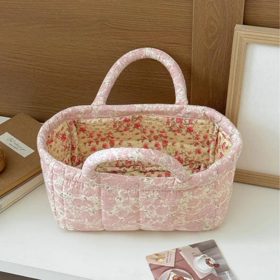 Cotton Country Chic Embroidered Print Lightweight Compact Basket - Baskets for Organizing, Baby Girl's Room Storage, Cosmetic Holder, Portable Gift Bag