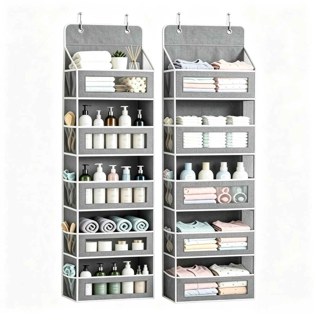 5-Tier Over The Door Organizer Storage Bag - Heavy-Duty Oxford Fabric Hanging Organizer with Visible Windows, Mesh Side Pockets, Includes Hooks, No-Drill Installation for Bathroom, Bedroom Storage (Fits Standard Doors)