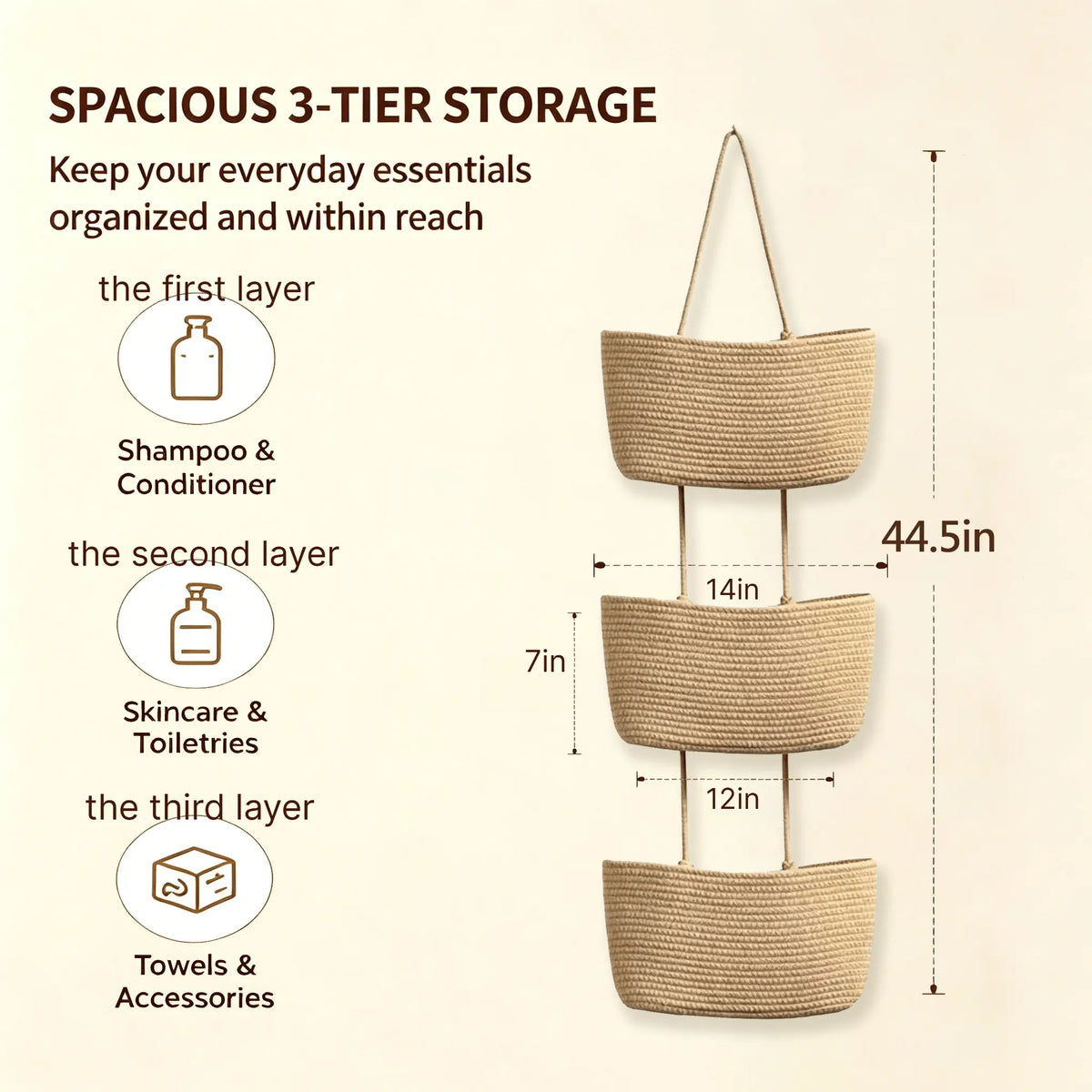 3-Tier Woven Cotton Over-the-Door Hanging Wall Basket - Jute Home Organizer Storage, French Country House Decor & Aesthetic Room Decor for Dorm Room, Natural Feel Warm Charm Solution