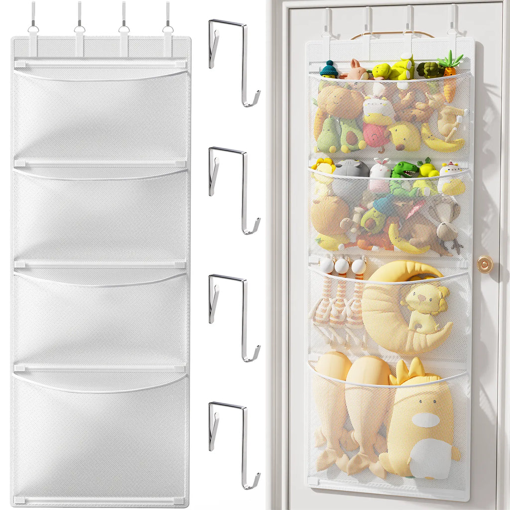 Criusia Over The Door Stuffed Animal Storage Organizer with 4 Large Mesh Pockets, Hanging Toy Organizer for Kids Room, Nursery & Playroom, Space Saving Door Storage Organizer SummerVibes Hangable