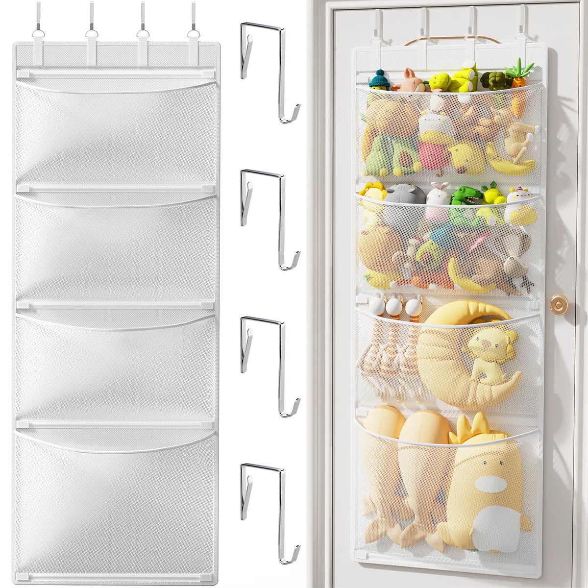 Criusia Over The Door Stuffed Animal Storage Organizer with 4 Large Mesh Pockets, Hanging Toy Organizer for Kids Room, Nursery & Playroom, Space Saving Door Storage Organizer SummerVibes Hangable