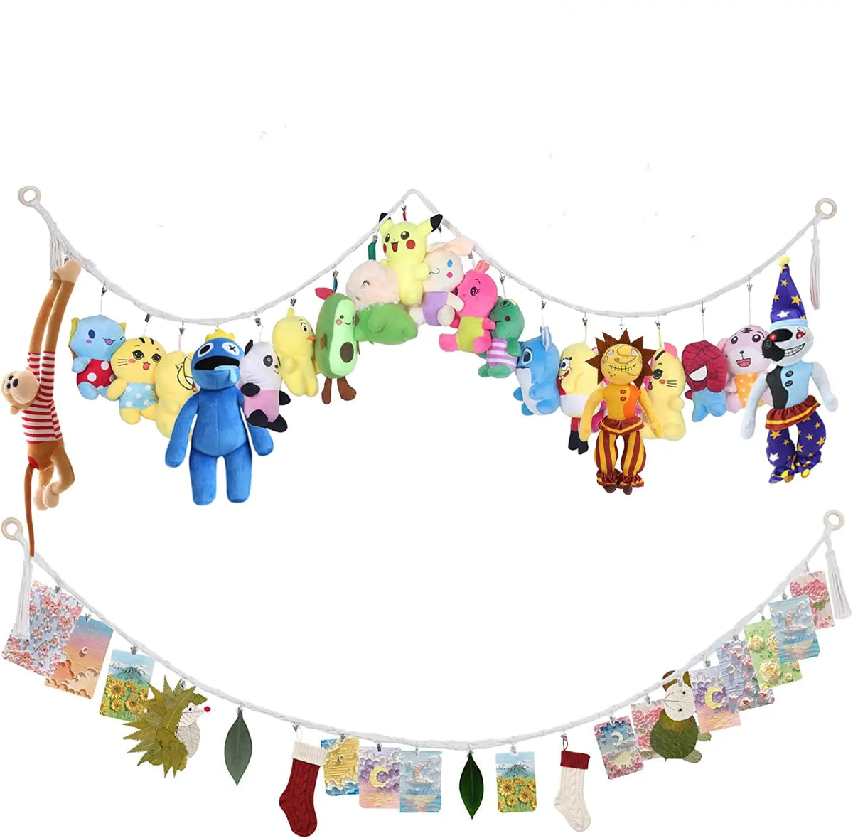 White Hangable Cotton Stuffed Animal Storage Chain Set - 80 in, 20 Metal Clips, Home Organiser, Decorative Storage, Room Organization Products for Nursery, Playroom, Storage Organiser