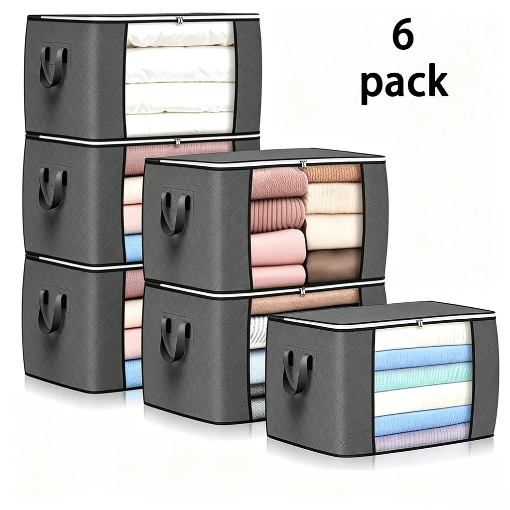 UNIQDESIGN Thick Cloth Collapsible Clothing Organiser Bag Set (6-Pack, Grey) - Reusable PVC Multipurpose Storage Bags with Handles, Space Saving for Bedroom Wardrobe Clothes, Blankets, Window