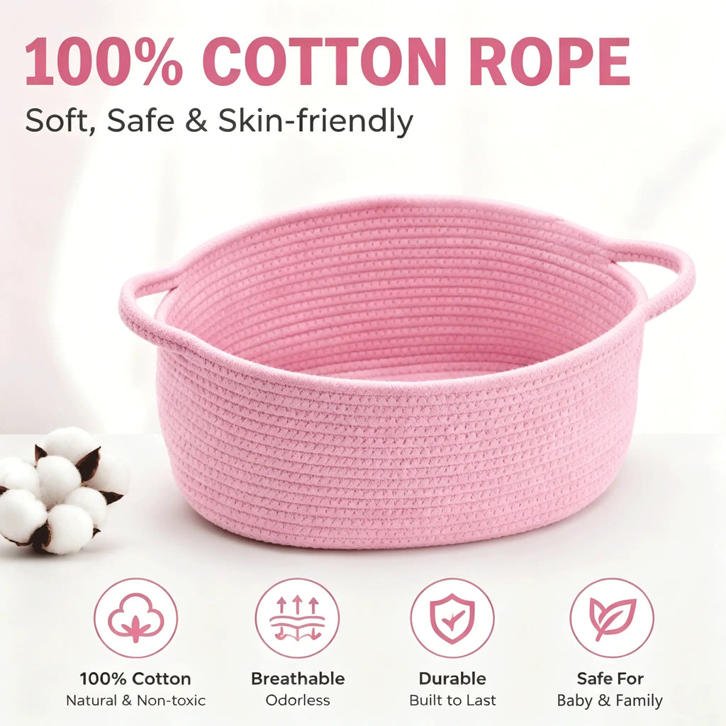 Cotton Rope Storage Basket – Cute Woven Bin for Bedroom, Bathroom & Nursery | Boho Home Organizer with Handles
