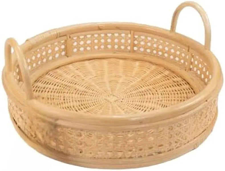 ShelterCast Rattan Round Serving Tray Wicker Woven Bread Basket with Handles (Natural Brown) Decor Light Organiser Decorative