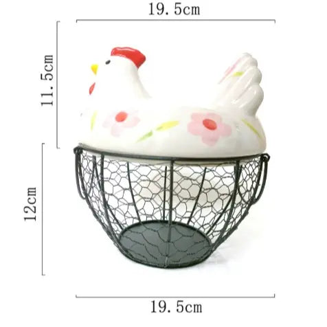 Ceramic Chicken Egg Holder with Metal Wire Frame & Lift-Off Round Lid, Rustic Cherry Blossoms Decorative Storage Home Decor Organiser, Wire Baskets for Organizing Eggs Fruits Home Garden Use