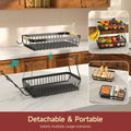 2 Tier Large Fruit Basket for Kitchen Counter with 2 Mobile Banana Hangers, 2026 Pro Detachable Metal Fruit Bowl with Wooden Handle, Fruit Holder for Bread Snack Veggies with Protective Mats