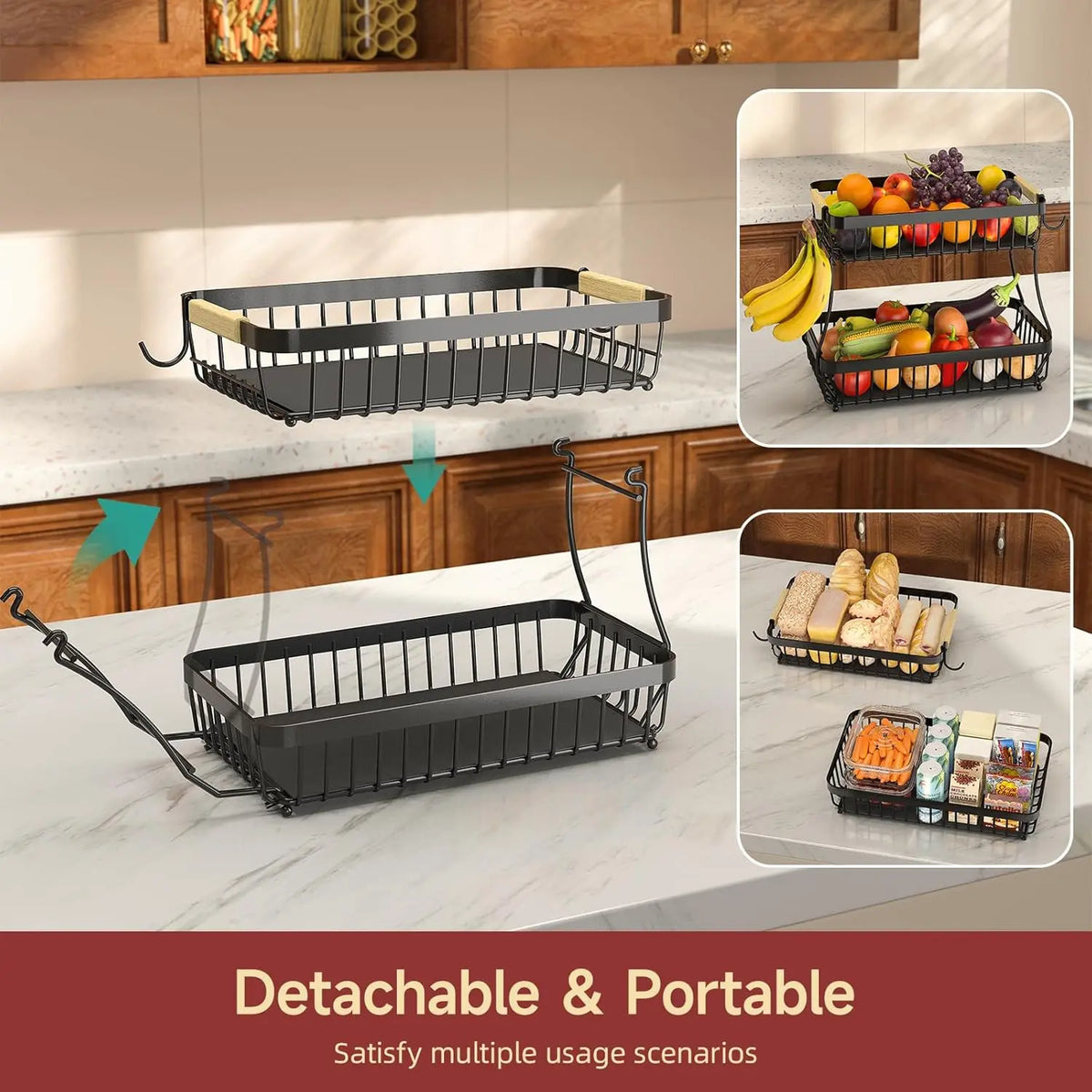 2 Tier Large Fruit Basket for Kitchen Counter with 2 Mobile Banana Hangers, 2026 Pro Detachable Metal Fruit Bowl with Wooden Handle, Fruit Holder for Bread Snack Veggies with Protective Mats