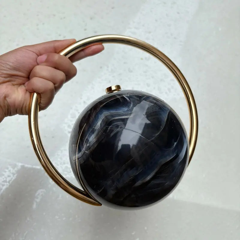 2025 Luxury Lightweight Acrylic Small Mini Bag Pouch - Marble Swirl Orb Home Organizer, Rose Gold Electroplated Accent, Silver Metal Ring, Easy-Clean Minimalist Casual Chic Home Supply for Holiday Parties