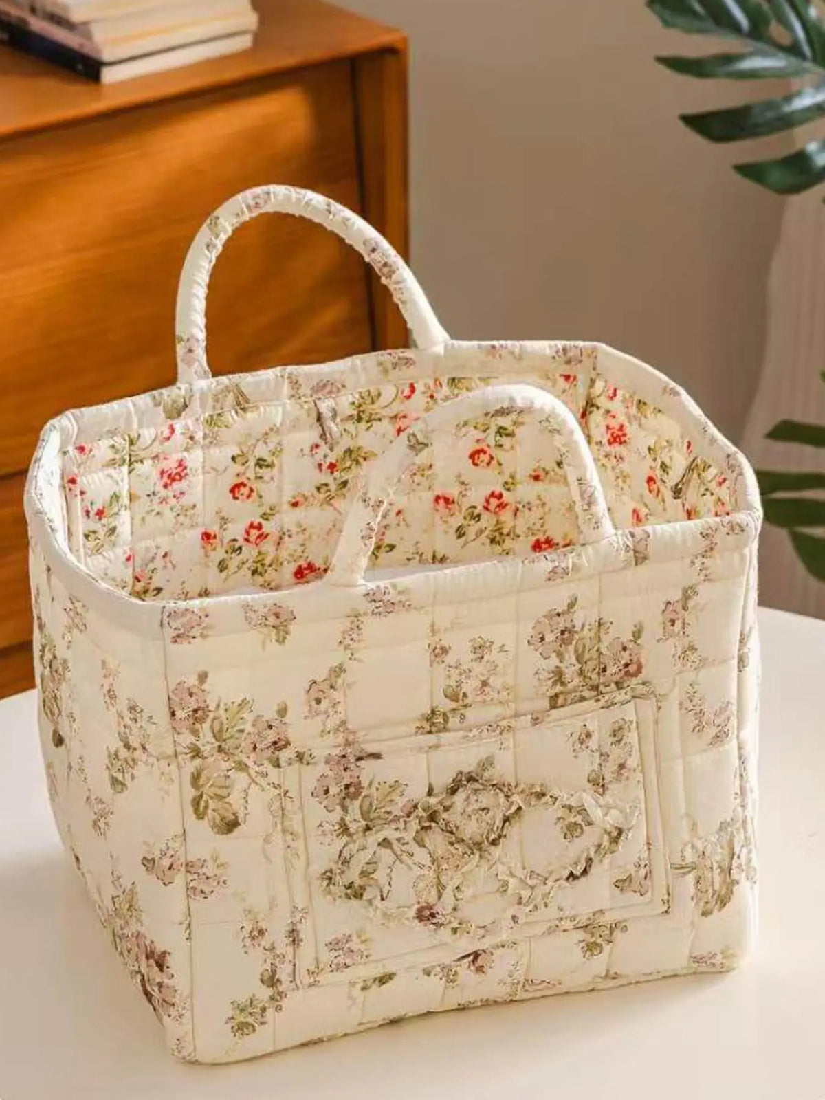 Floral Pattern Flower Fabric Storage Tote Basket, Portable Underwear Organizer, Organizing Baskets, Home Organization for Kitchen Bathroom Bedroom Living Room Office, Decorative Storage Basket