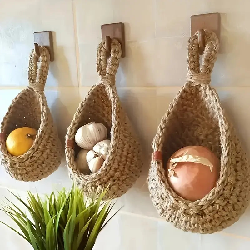 3pcs Bohemian style wall hanging basket, a small and cute kitchen fruit and vegetable storage basket, suitable for garlic and onion, home and dining decoration, Shelf Baskets