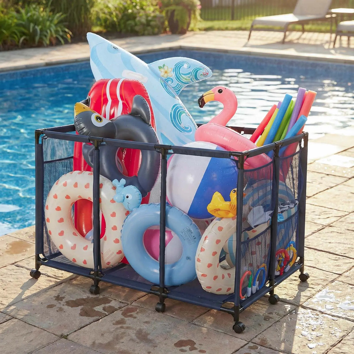 VEVOR Heavy-Duty Plastic Rolling Pool Storage Bin, 48.8 x 32.7 x 32.7 in Durable Metal Frame Organizer with Rolling Casters, Side Pockets, Breathable and Quick-Drying Mesh Basket for Pool Toys (Rectangular)