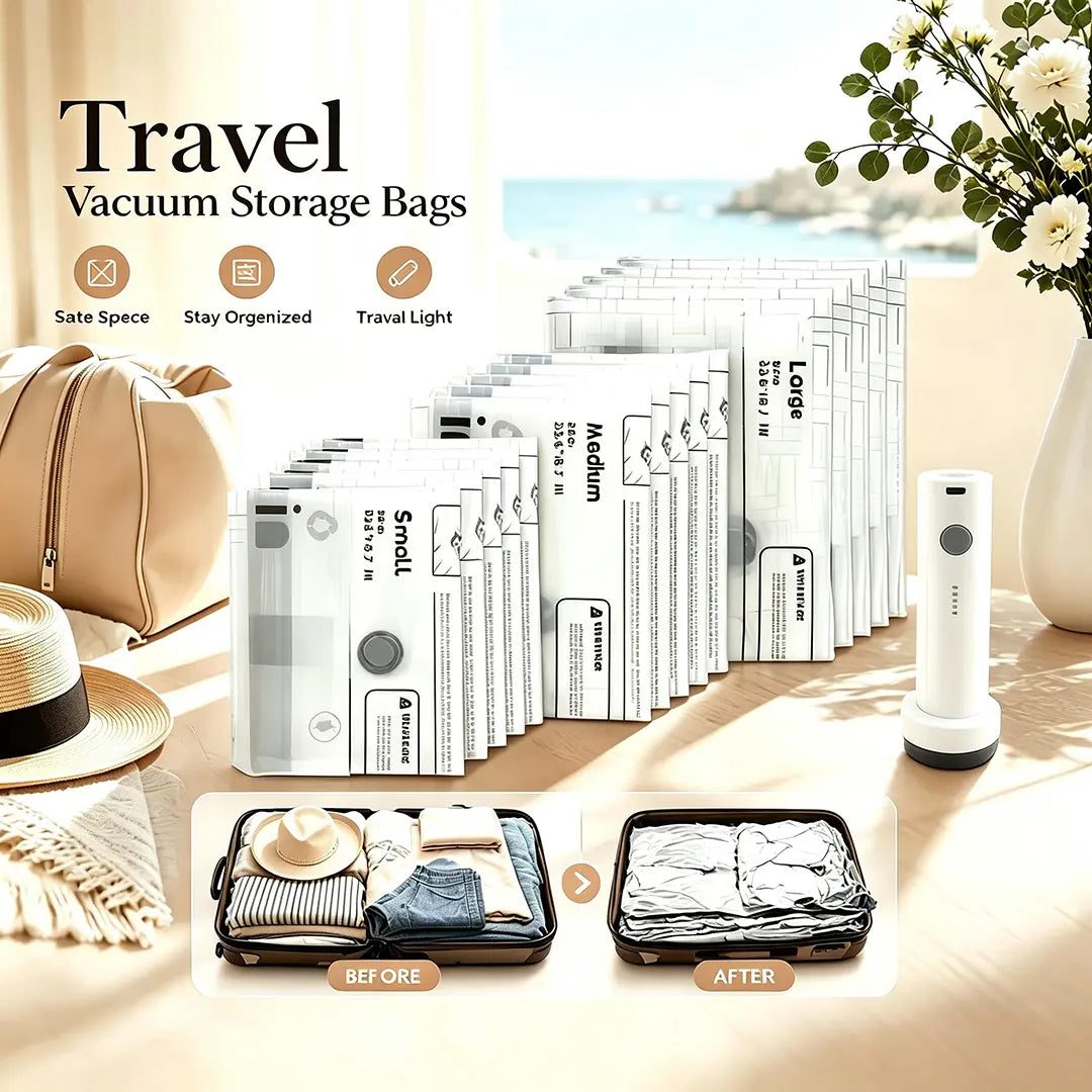 5-Pack Reusable Vacuum Storage Bags with Dual-Triple Valves & Manual Pump, Zipper Lock Home Organizer Bags for Clothing & Bedding, Travel & Move
