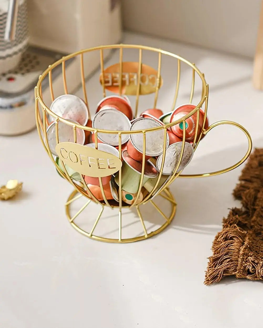 Hollow Smooth Metal Cup-Shape Wire Basket - Kitchen Wire Organizer for Countertop, Drawer & Cabinet Coffee Pod Storage, Farmhouse Coffee Station Decor Gift for Enthusiasts