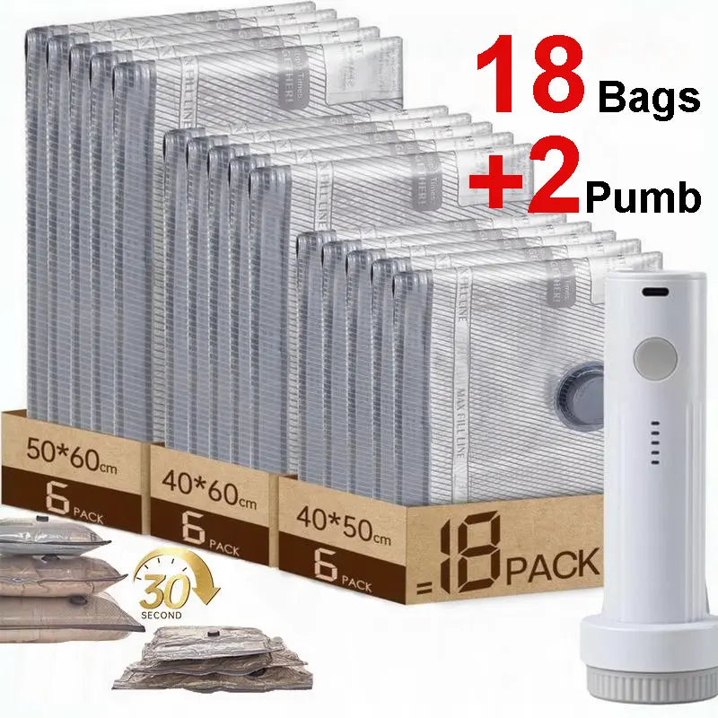 Reusable Vacuum Storage Bags with Rechargeable Cordless Air Pump - 9/18 Pack Carry-On Compact Zippered Portable Multipack Organiser for Luggage, Suitcase, Clothes Sealing, Airtight Dust Protection, Portable Storage Bag