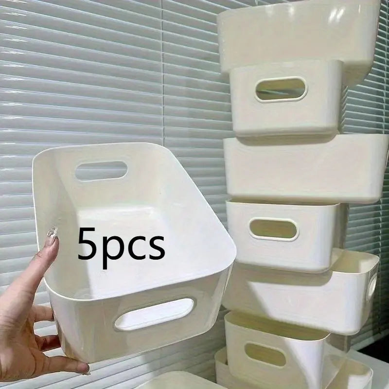 5-Pack Plastic Storage Baskets with Handles, Multi-Purpose Rectangular Organizer, Kitchen Organizers and Storage for Kitchen, Bathroom, Closet, Spices, Snacks, Everyday Items