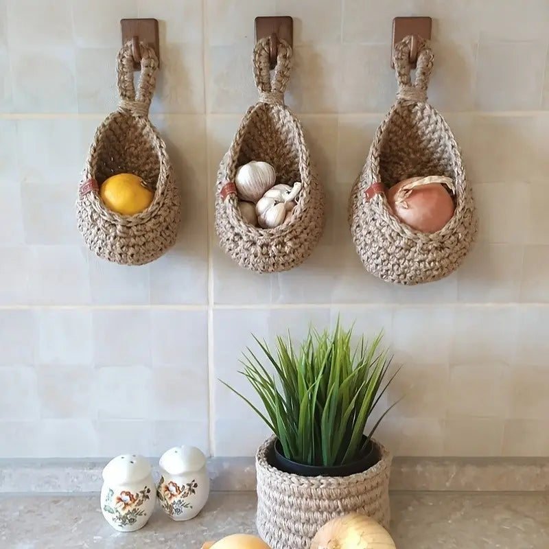 3pcs Bohemian style wall hanging basket, a small and cute kitchen fruit and vegetable storage basket, suitable for garlic and onion, home and dining decoration, Shelf Baskets