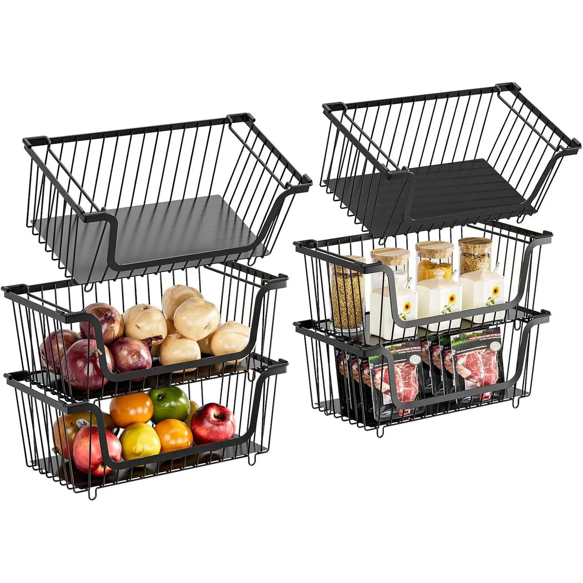 Black 4-Pcs Stackable Stainless Steel Hollow Wire Storage Bins Set - Metal Kitchen Bathroom Basket with Rotating Handle, Pet Supplies Organizer, Countertop Produce Holder