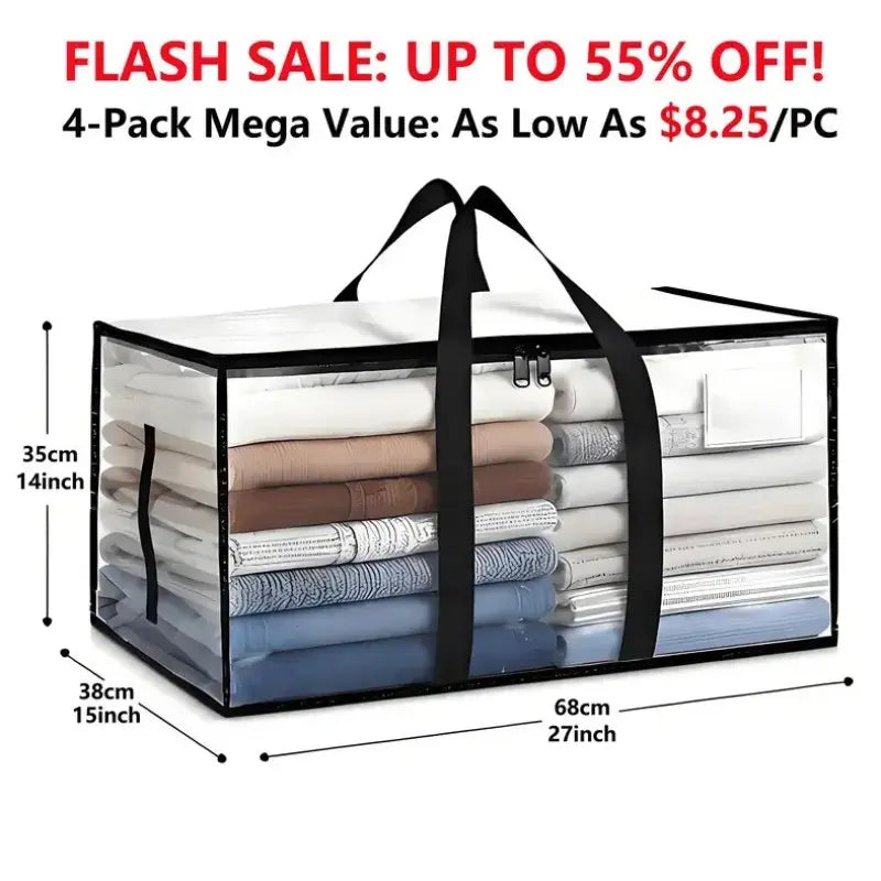 Clear Extra Large Moving Bags, Heavy-Duty Waterproof Storage Tote Bag with Reinforced Handles & Zippers, Transparent Organizer for Clothes, Bedding, Dorm, Moving, Clothing Storage Bags (Clear - 88L)