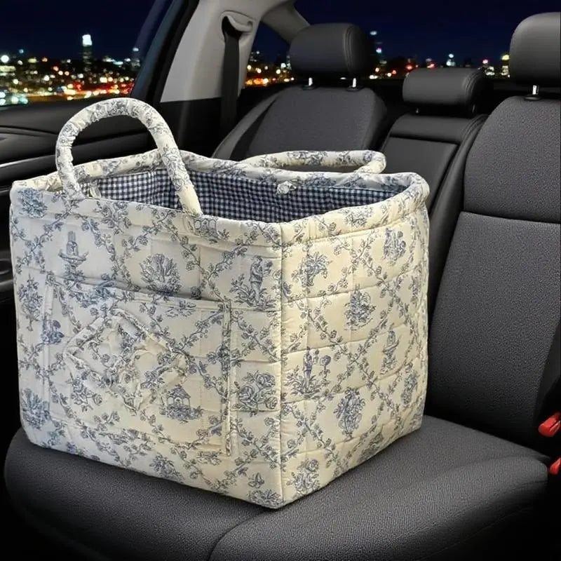 Colorful Floral Print Soft Cotton Weaving Basket - Lightweight, Collapsible, Large-Capacity Home Supplies Organizer Bin with Smooth Liner, Washable, Gentle on Clothes, Ideal for Organizing Backseat, Blankets, Toys, Weaving Basket For Blankets, Trunk‑Ready