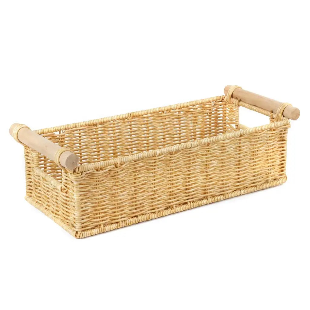 BROWNLILY Handwoven Wicker Organizer Basket with Wooden Handles - Narrow Countertop Caddy for Bathroom Vanity, Kitchen, Entryway & Guest Room (Faux Rattan)