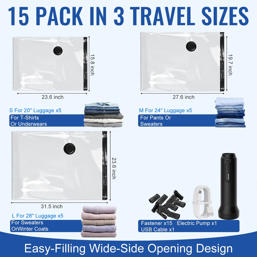 15 Pieces Reusable Vacuum Compression Storage Bags Set with Rechargeable Wireless Pump, Compact Portable Organiser Storage Transportation Bag for Travel Clothing & Home Bedding
