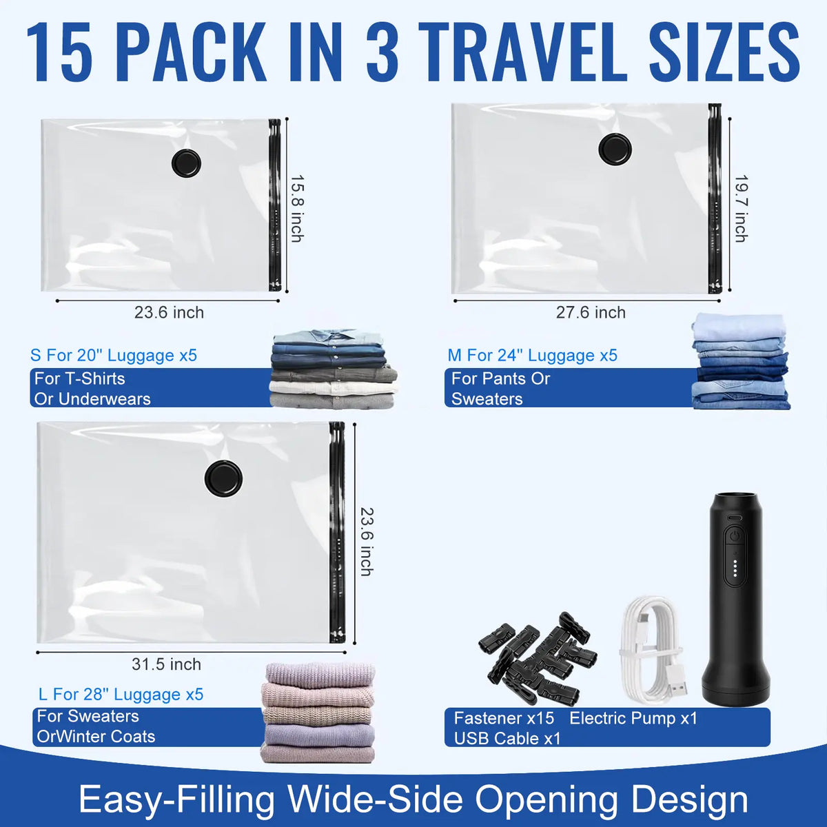 15 Pieces Reusable Vacuum Compression Storage Bags Set with Rechargeable Wireless Pump, Compact Portable Organiser Storage Transportation Bag for Travel Clothing & Home Bedding