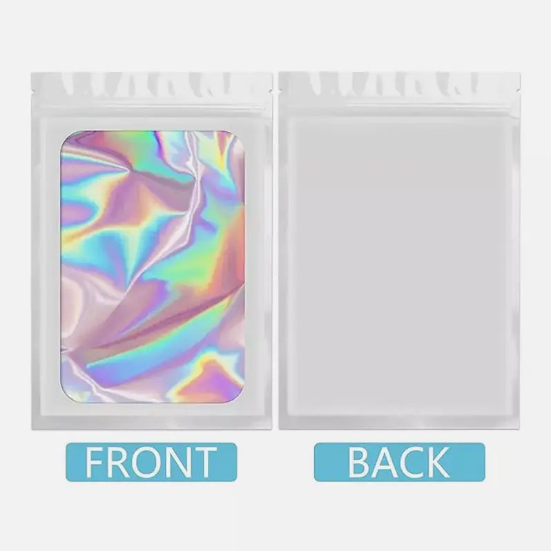 SJPACK 100-Pack Holographic Resealable Zip Foil Storage Bags, 8x13cm/10x15cm/14x20cm Smell-Proof Waterproof Pouches for Organiser, Lip Gloss, Eyelash, Key Chain, Jewellery (White/Black/Pink, Reusable)
