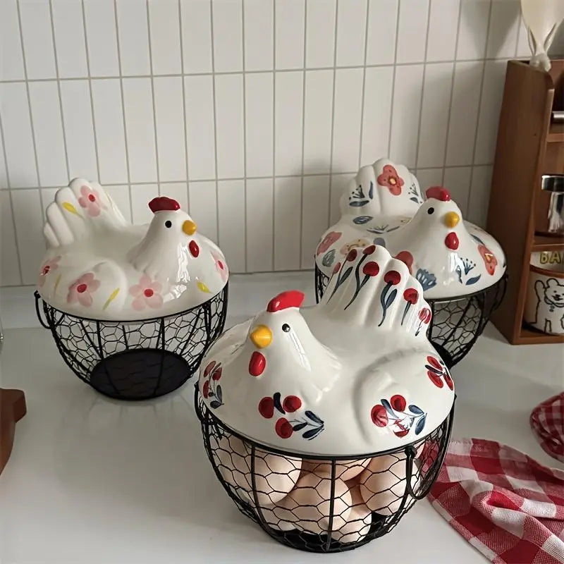 Ceramic Chicken Egg Holder with Metal Wire Frame & Lift-Off Round Lid, Rustic Cherry Blossoms Decorative Storage Home Decor Organiser, Wire Baskets for Organizing Eggs Fruits Home Garden Use