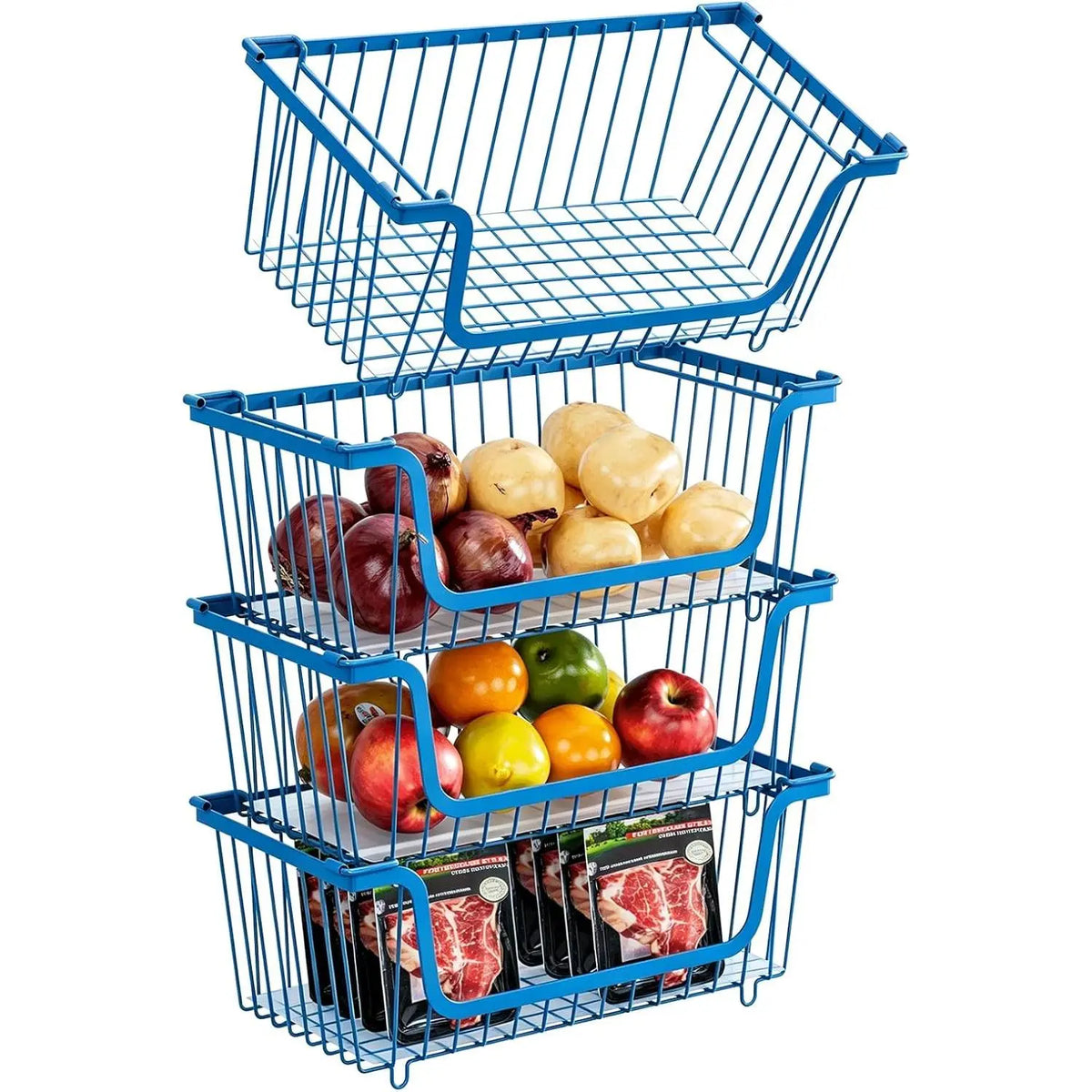 Black 4-Pcs Stackable Stainless Steel Hollow Wire Storage Bins Set - Metal Kitchen Bathroom Basket with Rotating Handle, Pet Supplies Organizer, Countertop Produce Holder