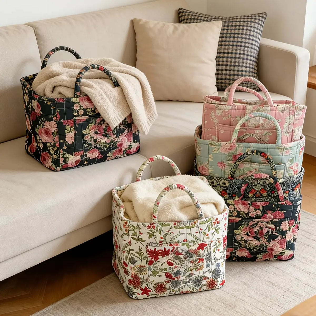 Quilted Floral-Print Camping Carry Basket - Retro Dark Night Peony & Foundation White Flower Rectangle Storage Bin, Sturdy Large Portable Hiking Hammock Gear Organizer for Back to School Home Decor