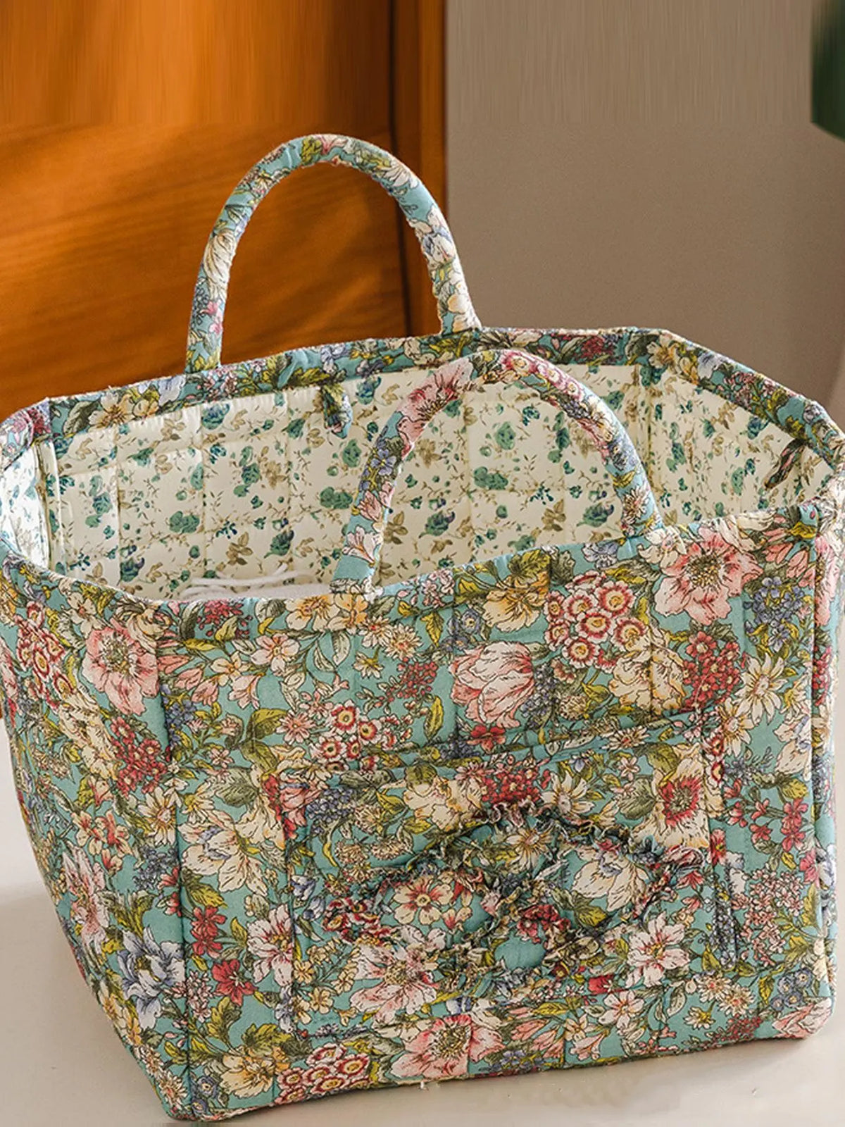 Floral Pattern Flower Fabric Storage Tote Basket, Portable Underwear Organizer, Organizing Baskets, Home Organization for Kitchen Bathroom Bedroom Living Room Office, Decorative Storage Basket