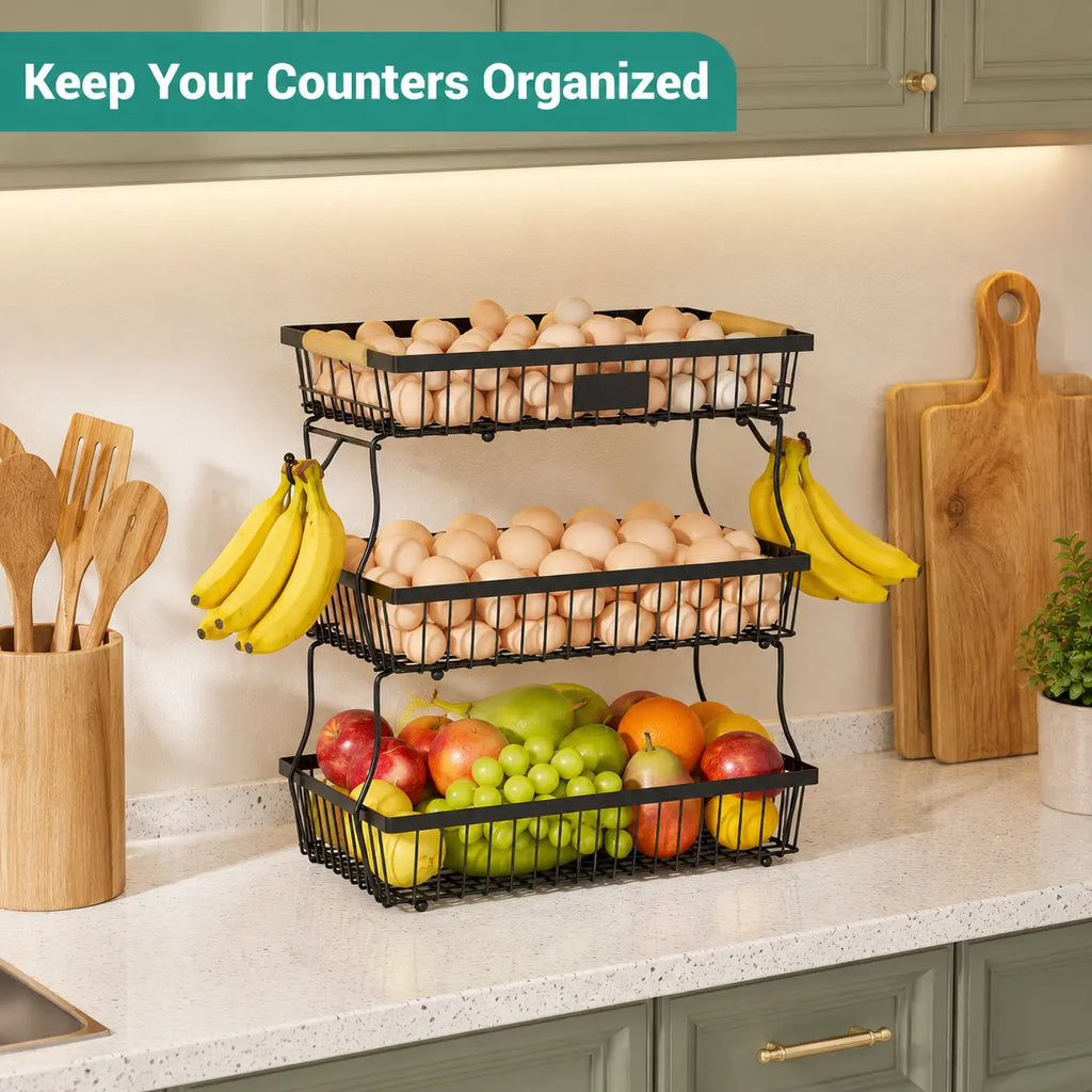 3-Tier Metal Countertop Storage Basket with Handles - 2 Banana Hangers, Attach-to-Countertop Compatible, Open Wire Modern Farmhouse Design, House Organizers for Kitchen Counters, Rose Red Organization Baskets for Vegetable, Bread & Snack Stations