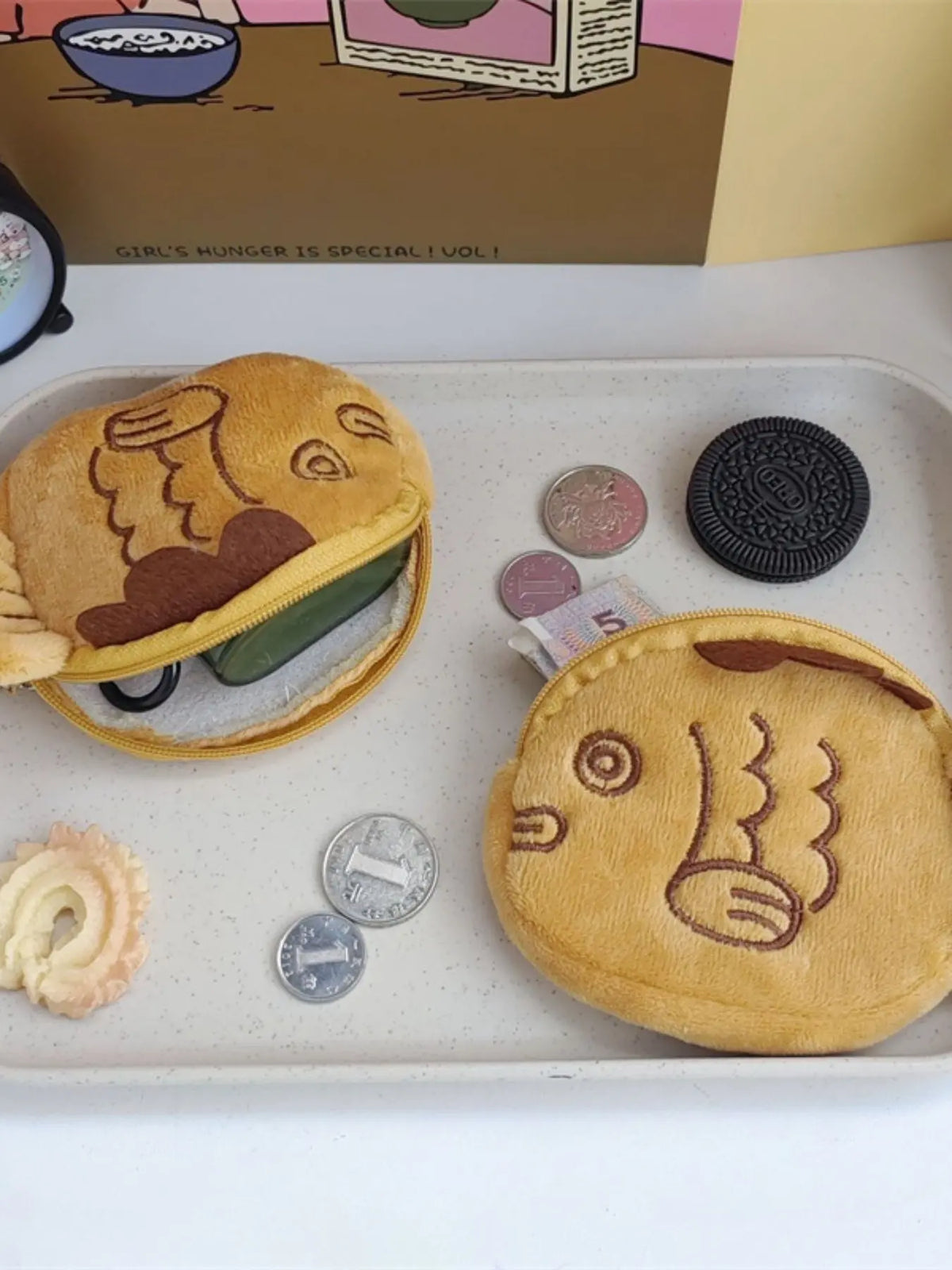 Cute Taiyaki Coin Bag Mouth Envelope Bluetooth-compatible Earphone Data Cable Organizer, Soft Pouch, Storage Bags, Multipurpose, Student Backpack Accessory, Birthday Gift, Car Decoration